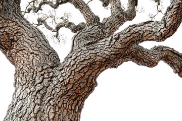 Poster - Close-up of a massive old tree trunk with deeply textured bark and gnarled branches against a transparent background background removed