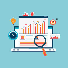Poster - Data and analytical research concept with laptop and magnifying glass