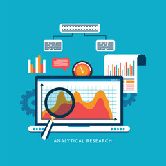 Poster - Data and analytical research concept with laptop and magnifying glass