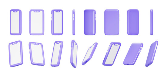 Poster - 3d set of mobile phone rotation render. Cartoon isolated purple smartphone icons with empty white screen mockup, animation with sequence rotating elements, template for game ui design