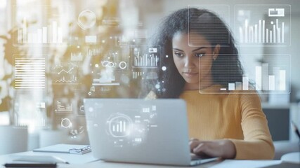 Poster - Young woman analyzes data graphs using a laptop for business intelligence insights