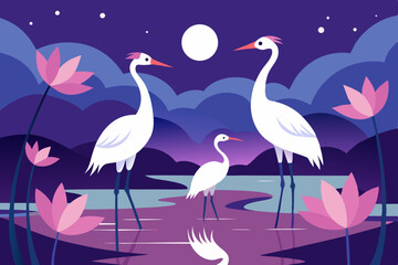 Naklejka na meble Two pink flamingos and two other birds in the water, a wildlife vector illustration