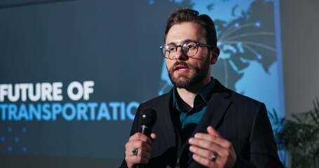 Poster - Speaker, seminar and man with microphone at business event for future of transportation. Male leader, convention or conference for training or learning, tech innovation and reducing carbon emissions