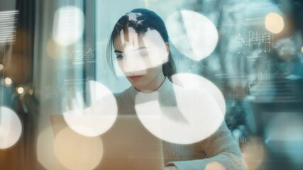 Fototapete - Young woman using laptop with hud and infographic element for business work