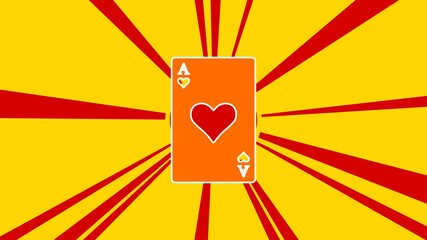 Poster - Ace of heart card on the background of animation from moving rays of the sun. Large orange symbol increases slightly. Seamless looped 4k animation on yellow background