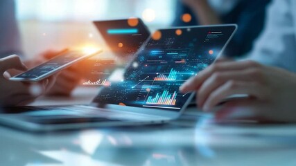 Fototapete - Diverse team collaborating using cutting-edge technology for business insights and analysis