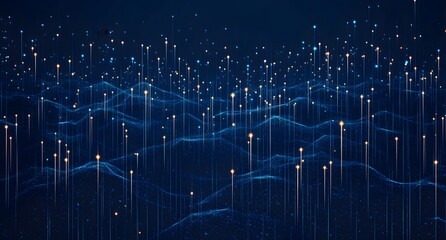 Poster - abstract digital blue background with dots and lines in the form of an illuminated mountain landscap