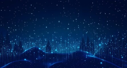 Poster - abstract digital blue background with dots and lines in the form of an illuminated mountain landscap