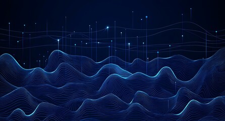 Poster - abstract digital blue background with dots and lines in the form of an illuminated mountain landscap