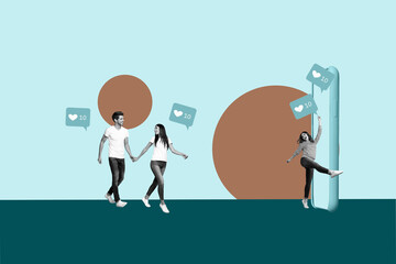 Aufkleber - Image art collage of people stand near phone gadget with likes icon on blue background