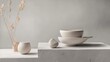 © Juan - Soft light ceramic dishes with dried flower neutral tones modern still life clean editorial display