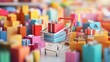 © Juan - Shopping cart in colorful toy city blocks miniature consumerism concept business commerce editorial marketing image