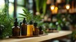 © Juan - Natural skincare bottles on wooden surface in greenery background spa wellness beauty editorial photo image