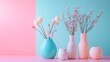 © Juan - Pastel vases with dried flowers on colorful background editorial soft decor home accent image