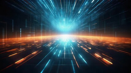 Fototapete - Data Stream Visualization: A digital panorama of intricate data streams converges to a radiant central point, bathed in an ethereal glow, representing the dynamic essence of technological innovation.