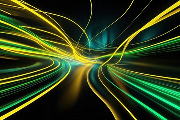 Poster - Dynamic Fluid Light Arcs in Yellow and Emerald Colors on Black Background Highlighting Technology Digital Navigation and Communication Innovations