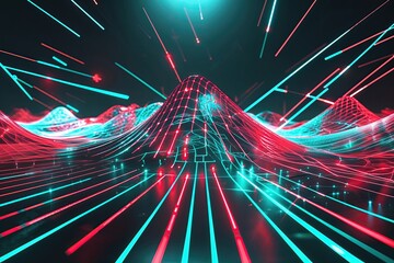 Poster - Pulsating Animated Holographic Lines in Red and Turquoise on Dark Background Showcasing Technology Digital Landscapes and Communication Networks