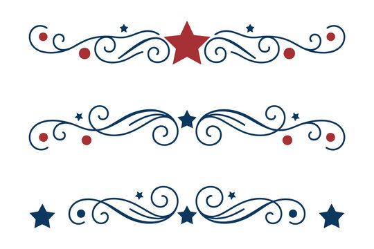 
4th of July lettering header Ornate swirls, patriotic red stars, and blue Elegant fancy separators Decorative Elements,  Independence Day Calligraphy Flourishes text dividers
