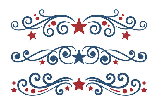 
4th of July lettering header Ornate swirls, patriotic red stars, and blue Elegant fancy separators Decorative Elements,  Independence Day Calligraphy Flourishes text dividers
