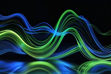 Poster - Vibrant Blue and Green Wavy Light Lines on Black Background for Technology and Science Visuals