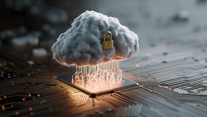 Poster - Cloud security represented by a padlock above a circuit board, ensuring data privacy.