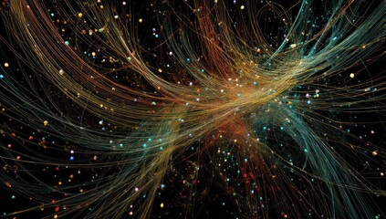 Poster - Complex algorithmic data visualized as intertwining plexus designs using advanced tech tools.