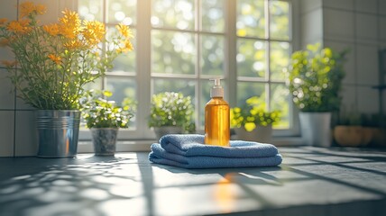 Poster - Sunlight fills the kitchen, highlighting a soap bottle next to vibrant plants and flowers.