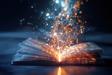 Poster - Open book filled with glowing digital symbols, representing educational tools and resources.