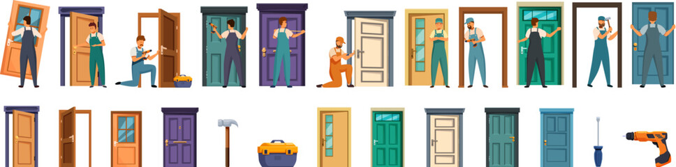 Poster - Door installation icons set. Carpenters working on various door installations and repairs, showcasing different door types, colors, and tools