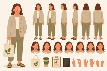 Poster - Young casual business woman character constructor for animation. Front, side and back view set. Body parts, postures, poses collection. Vector illustration