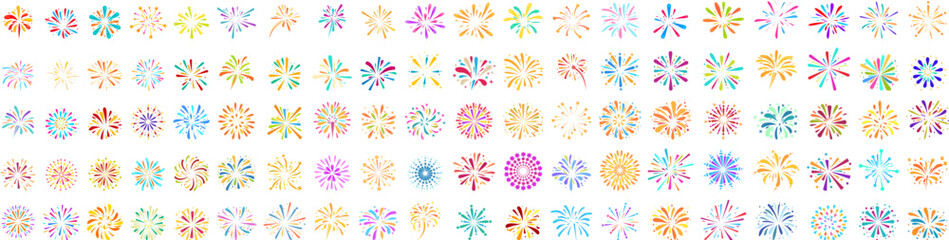 Poster - Bright and colorful fireworks exploding against a white background, creating a festive atmosphere
