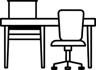 Fototapete - Vector illustration of a desk with a computer and chair representing office workspace elements.