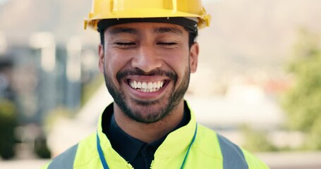 Poster - Engineer, smile or face of man on site for building inspection, confidence or quality control. Construction, contractor or happy in city for property development, urban planning or project management
