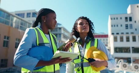 Poster - Conversation, engineering and women with tablet, outdoor and teamwork with support. People, construction site or architecture with employees, tech or cooperation with schedule for project or New York