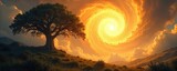 A mystical, ethereal landscape bathed in golden light, suggesting a divine presence Ancient trees reach towards a swirling, vibrant sky, hinting at a powerful, unseen force , fantasy, magical