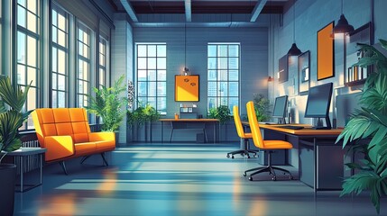 Fototapete - Bright office space featuring orange chairs desks and plants with large windows and city views