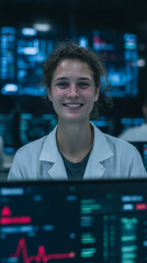 Poster - Smiling Scientist at Work: A portrait of a young, smiling female scientist working in a modern laboratory setting, focusing on her computer screen displaying complex data. 