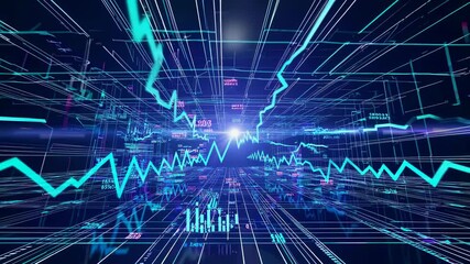 Dynamic abstract visualization graphs financial data analysis using luminous intersecting digital lines. High-tech finance trade innovation through vivid visual elements futuristic digital network