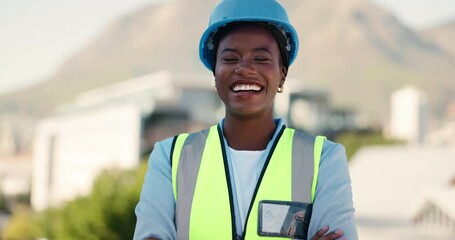 Aufkleber - Face, black woman or happy architect on site for renovation, engineering career or project management. Portrait, smile or proud contractor in construction job for city development with confidence