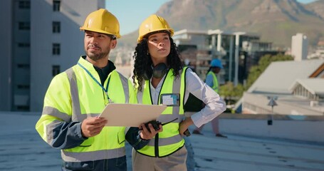 Aufkleber - Teamwork, city or people on building site for talking, construction or urban project. Engineering, rooftop or architects planning in renovation for development with checklist, manager and safety