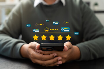 Canvas Print - Online customer satisfaction Survey service concept, client rate service from experience in application,Consumer give five-Stars and feedback review for quality, Business reputation ranking from buyer