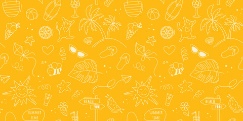 Horizontal banner with hand drawn summer holiday elements. Seamless pattern summer vacation and beach holiday. Bright yellow sunny background. Summer season print, vector graphic