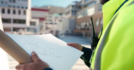 Poster - Hands, person or builder on site for floor plan, engineering design or project inspection. Reading, architect or contractor in construction job for city development with check, review or blueprint
