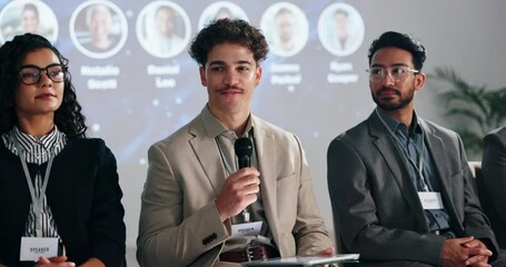 Aufkleber - Mic, speaker and man in conference speech for climate change, awareness and renewable energy. Presentation, forum and people on stage in panel discussion for sustainability or eco friendly convention