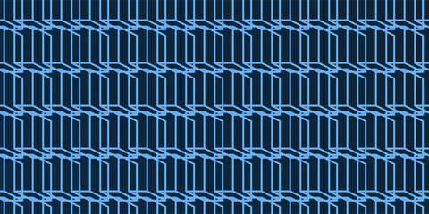 Poster - A vibrant abstract pattern of layers of repeating 3D cubes in light blue placed on a dark blue background. The bold geometric design and contrasting colors create a striking modern visual.
