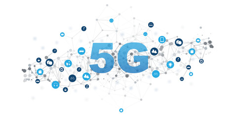 Poster - An illustration of 5G wireless network technology and Internet of Things (IoT), featuring a global network background, connected smart devices, and icons for mobility, communication and automation