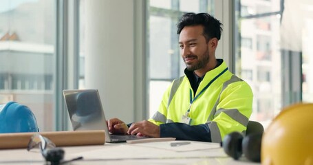 Poster - Research, happy man or architect on laptop in office for renovation, engineering or project management. Typing, builder or contractor in construction job for development with smile and confidence