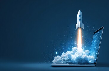 Fototapete - Laptop computer with rocket launching from screen. Tech innovation concept. Futuristic design. Digital illustration. Startup speed, progress. Laptop hardware, software. Rocket launch from computer