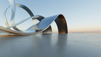 Aufkleber - 3d illustration of abstract wavy architecture background, Minimal curved geometry architectural design, Car presentation backdrop with empty concrete floor, Flowing geometric metal building design