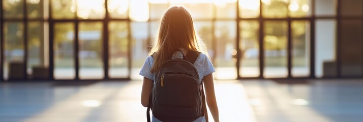 Aufkleber - Female student with backpack walking into school building at sunset, symbolizing the start of a new academic year and the pursuit of knowledge